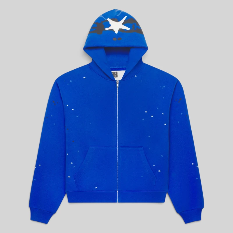 Front view of the Sp5der Heavy Web Full Zip Hoodie in Tory Blue, featuring 13oz cotton fleece and iconic star graphics.