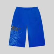 Back view of the Sp5der Heavy Web short in Tory Blue color, featuring premium cotton fleece and web graphic print.