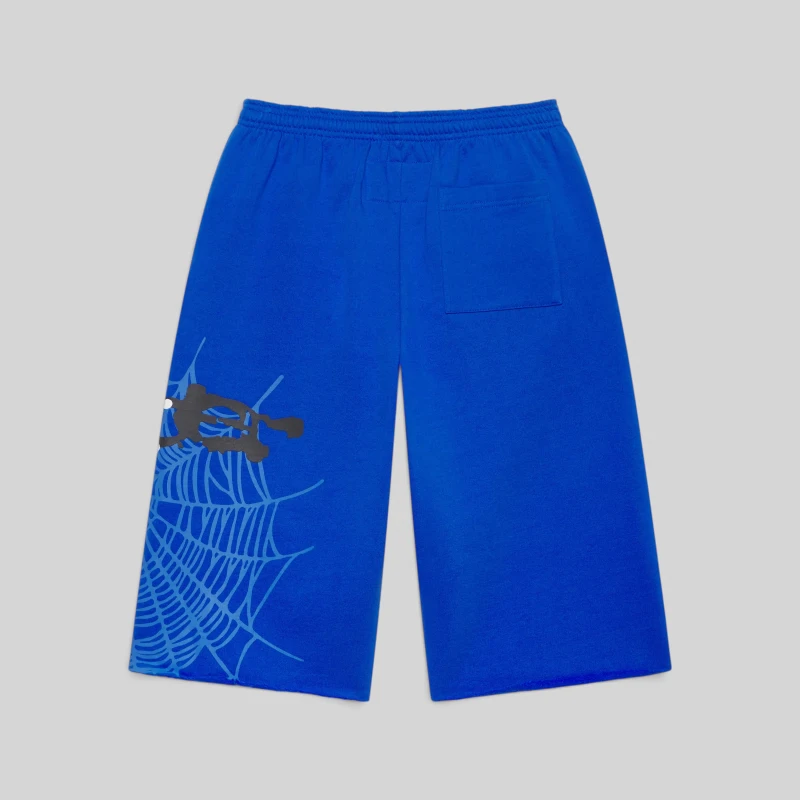 Back view of the Sp5der Heavy Web short in Tory Blue color, featuring premium cotton fleece and web graphic print.