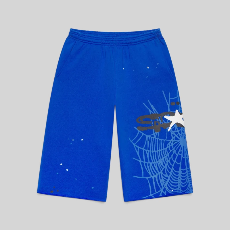 Sp5der Heavy Web Short in Tory Blue featuring premium 13oz cotton fleece with signature web and star graphic print.