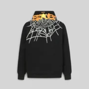 Back view of the black Sp5der Heavy Web Hoodie featuring a detailed white web print on the hood and orange branding.