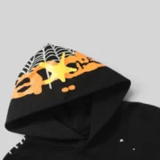 Close-up of the Sp5der Heavy Web Hoodie in black, featuring the signature puff print web design on the hood.
