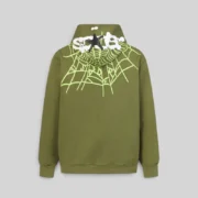 Back view of the green Sp5der Heavy Web Hoodie featuring the signature web print graphic on the hood and shoulders.