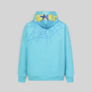 Back view of the Sky Blue Sp5der Heavy Web Hoodie featuring intricate web graphics on the hood and brand logo details.
