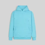 Front view of the Sp5der Heavy Web Hoodie in Sky Blue, featuring a 13oz cotton fleece fabric and scattered star print.