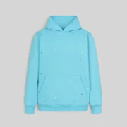 Front view of the Sp5der Heavy Web Hoodie in Sky Blue, featuring a 13oz cotton fleece fabric and scattered star print.