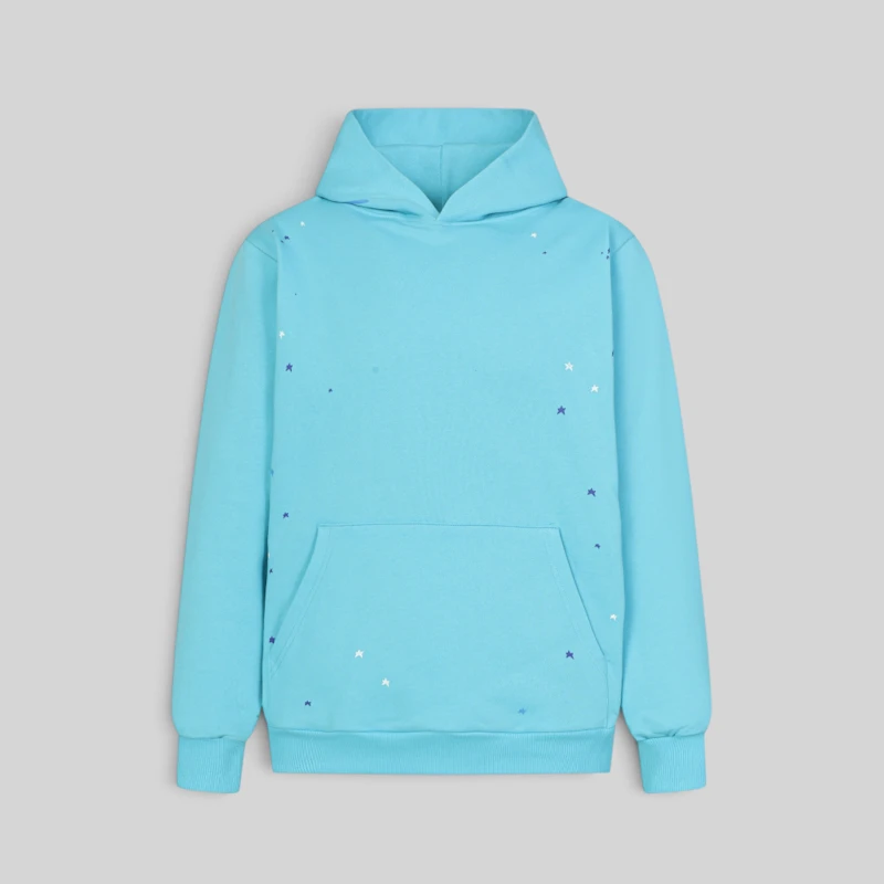 Sp5der Heavy Web Hoodie Sky Blue Front View Front view of the Sp5der Heavy Web Hoodie in Sky Blue, featuring a 13oz cotton fleece fabric and scattered star print.