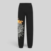 Back view of black Sp5der Heavy Web sweatpants featuring 13oz cotton fleece fabric and signature web graphic print.