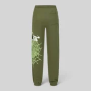 Back view of green Sp5der Heavy Web sweatpants featuring 13oz cotton fleece and signature web graphic detailing.