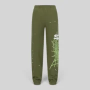 Green Sp5der Heavy Web sweatpants featuring signature white web and star puff print graphics on 100% cotton fleece.