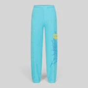 Front view of Sp5der Heavy Web sweatpants in sky blue color featuring a web graphic and star print details.