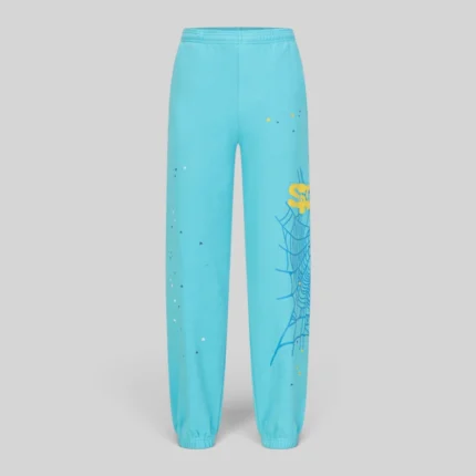 Front view of Sp5der Heavy Web sweatpants in sky blue color featuring a web graphic and star print details.