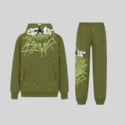 Back view of the green Sp5der Heavy Web tracksuit featuring signature web graphics and scattered star prints in cotton.