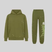 Green Sp5der Heavy Web Tracksuit featuring iconic spider web and scattered star puff print designs on 13oz cotton fleece.