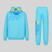 Back view of the Sky Blue Sp5der Heavy Web tracksuit featuring signature spiderweb graphics and star print detailing.