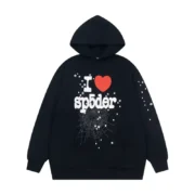 Front view of the black Sp5der I Heart SP5 Souvenir Hoodie featuring a red heart and white spiderweb graphic design.