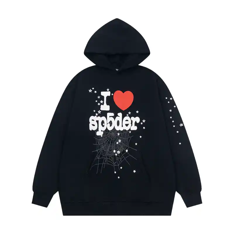 Sp5der I Heart SP5 Souvenir Hoodie Black Front View Front view of the black Sp5der I Heart SP5 Souvenir Hoodie featuring a red heart and white spiderweb graphic design.