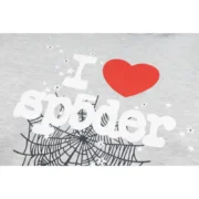 Close-up of the iconic I Heart SP5 graphic on the gray Sp5der Souvenir Hoodie featuring a web design and heart.