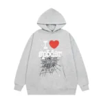 Front view of the premium gray Sp5der I Heart SP5 souvenir hoodie featuring a bold spiderweb and heart graphic print.