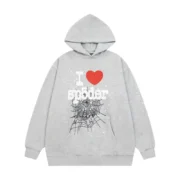 Front view of the premium gray Sp5der I Heart SP5 souvenir hoodie featuring a bold spiderweb and heart graphic print.