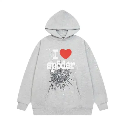 Front view of the premium gray Sp5der I Heart SP5 souvenir hoodie featuring a bold spiderweb and heart graphic print.