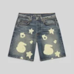 Front view of the Sp5der Indigo Beluga Denim Short in blue featuring a graphic print and five-pocket streetwear design.