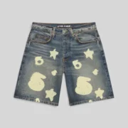 Front view of the Sp5der Indigo Beluga Denim Short in blue featuring a graphic print and five-pocket streetwear design.