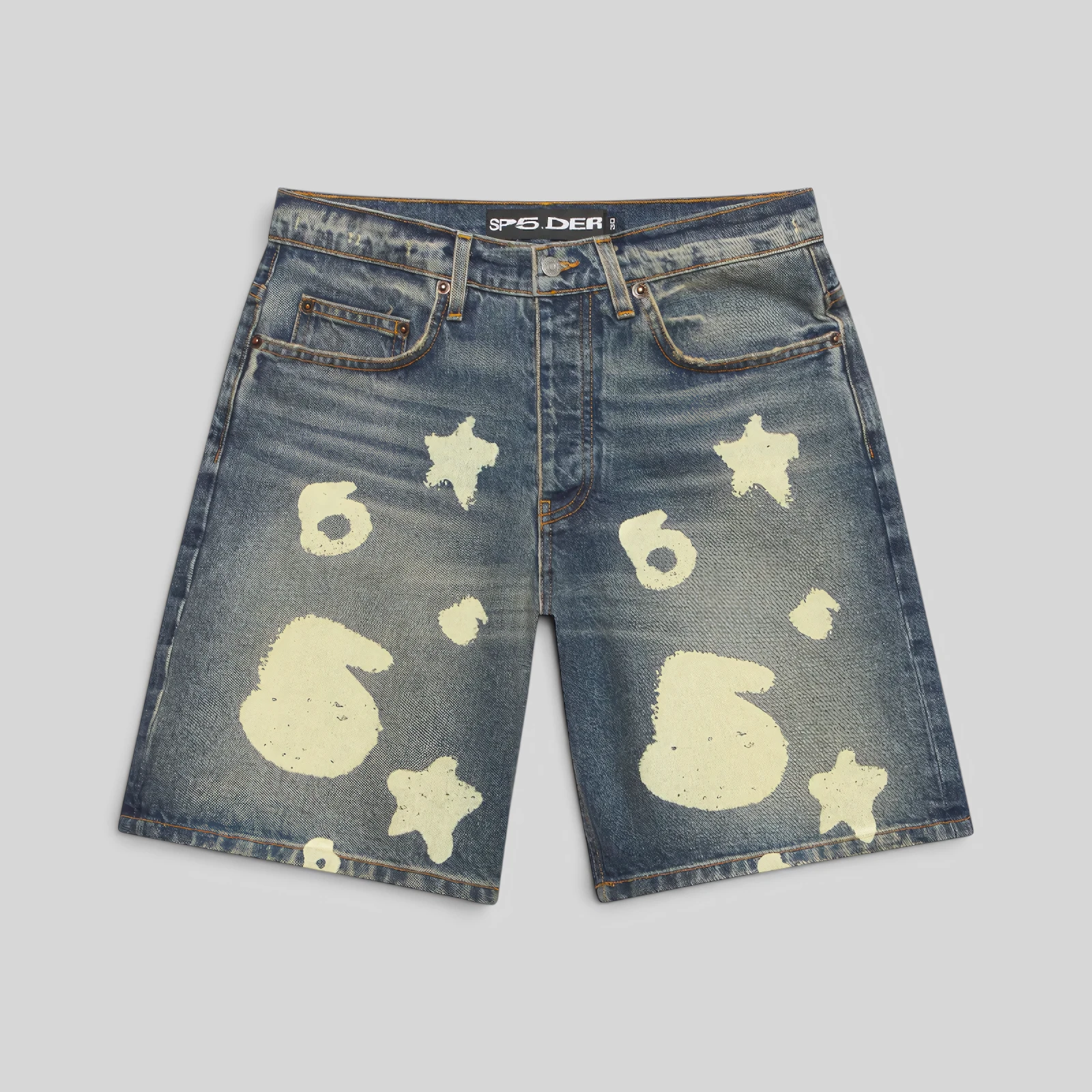 Front view of the Sp5der Indigo Beluga Denim Short in blue featuring a graphic print and five-pocket streetwear design.