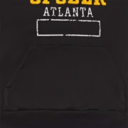 Close up view of the Sp5der Issue 404 black hoodie featuring the Atlanta graphic print and front kangaroo pocket detail