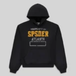 Authentic Sp5der Issue 404 hoodie in black, front view showcasing the signature distressed graphic print design.