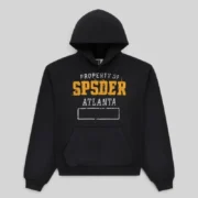 Authentic Sp5der Issue 404 hoodie in black, front view showcasing the signature distressed graphic print design.