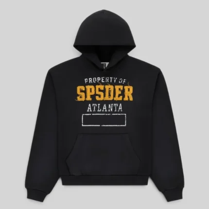 Authentic Sp5der Issue 404 hoodie in black, front view showcasing the signature distressed graphic print design.