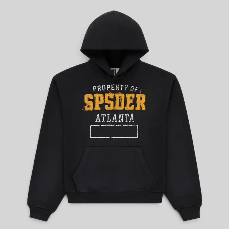 Sp5der Issue 404 Hoodie Black Front View Authentic Sp5der Issue 404 hoodie in black, front view showcasing the signature distressed graphic print design.