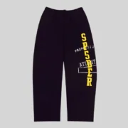 Front view of black Sp5der Issue 404 sweatpants featuring yellow vertical text and white graphic print details.
