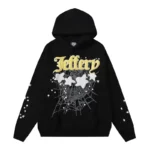 Front view of the Sp5der Jeffery Hoodie in black featuring yellow text, star graphics, and a large spider web design.
