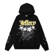 Front view of the Sp5der Jeffery Hoodie in black featuring yellow text, star graphics, and a large spider web design.