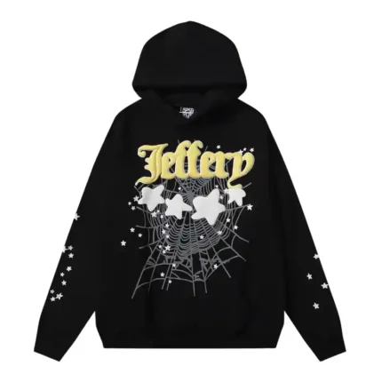 Front view of the Sp5der Jeffery Hoodie in black featuring yellow text, star graphics, and a large spider web design.