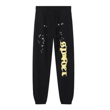 Front view of the black Sp5der Jeffery sweatpants featuring signature star graphics and yellow branding detail.