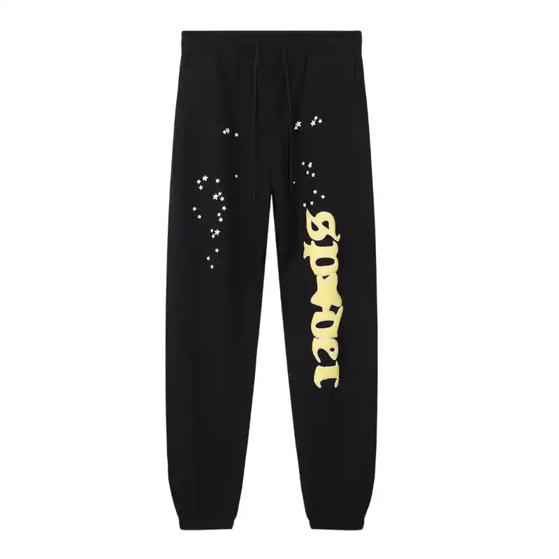 Front view of the black Sp5der Jeffery sweatpants featuring signature star graphics and yellow branding detail.