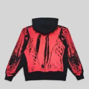 Back view of the Sp5der JP5 Moto Hoodie in black featuring striking red painted motocross graphic design details.