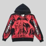Front view of the Sp5der JP5 Moto Hoodie in black, featuring a full-zip closure and bold red motocross graphic print.