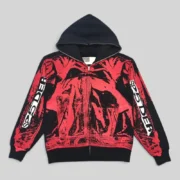 Front view of the Sp5der JP5 Moto Hoodie in black, featuring a full-zip closure and bold red motocross graphic print.
