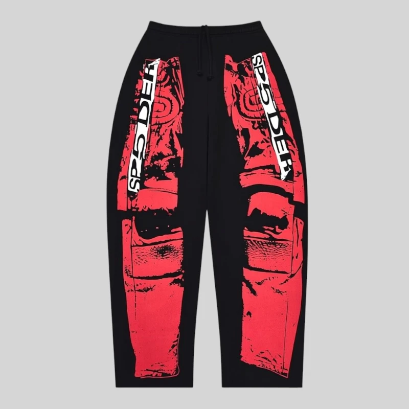 Front view of black Sp5der Jp5 Moto sweatpants featuring striking red motocross-inspired graphic prints throughout.