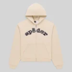 Sp5der Mixed Stone OG V2 Zip Hoodie in Cream, featuring premium 13oz cotton fleece and studded logo graphic chest details.