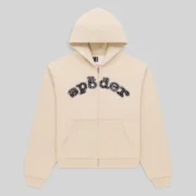 Sp5der Mixed Stone OG V2 Zip Hoodie in Cream, featuring premium 13oz cotton fleece and studded logo graphic chest details.