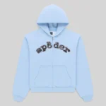 Front view of the Sp5der Mixed Stone OG V2 zip-up hoodie in Rock Blue with embellished logo lettering and fleece fabric.