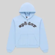 Front view of the Sp5der Mixed Stone OG V2 zip-up hoodie in Rock Blue with embellished logo lettering and fleece fabric.