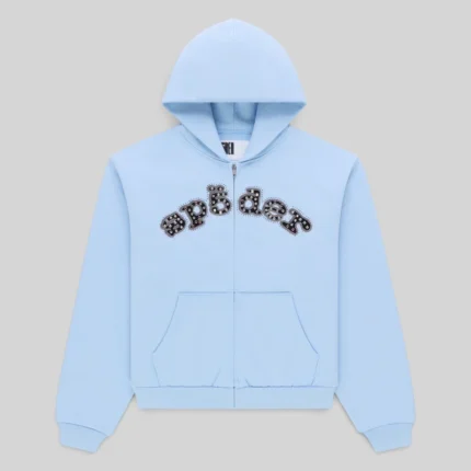 Front view of the Sp5der Mixed Stone OG V2 zip-up hoodie in Rock Blue with embellished logo lettering and fleece fabric.