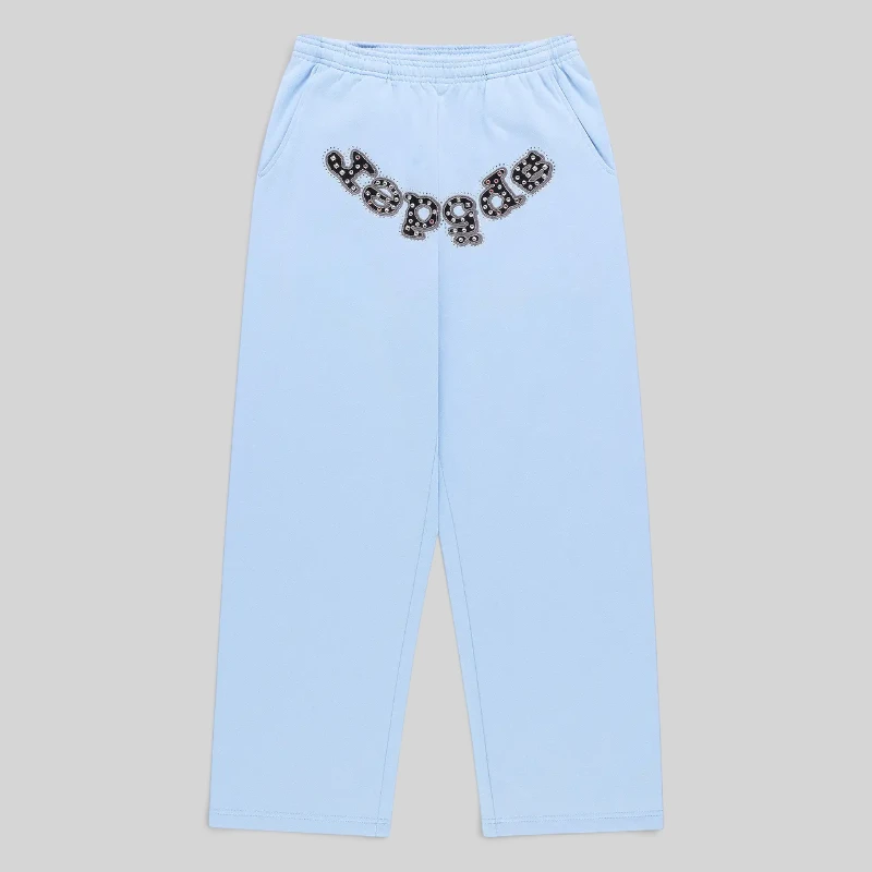 Front view of Sp5der Mixed Stone OG V2 zip sweatpants in Rock Blue featuring signature embellished logo lettering.
