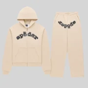 Sp5der Mixed Stone OG V2 Zip Tracksuit in Cream featuring heavy metal stud embellishments on a cotton fleece set.